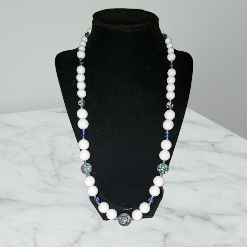 BLUE LAMPWORK GLASS BEADED NECKLACE 22" White Gold & Crystal Blue Beads